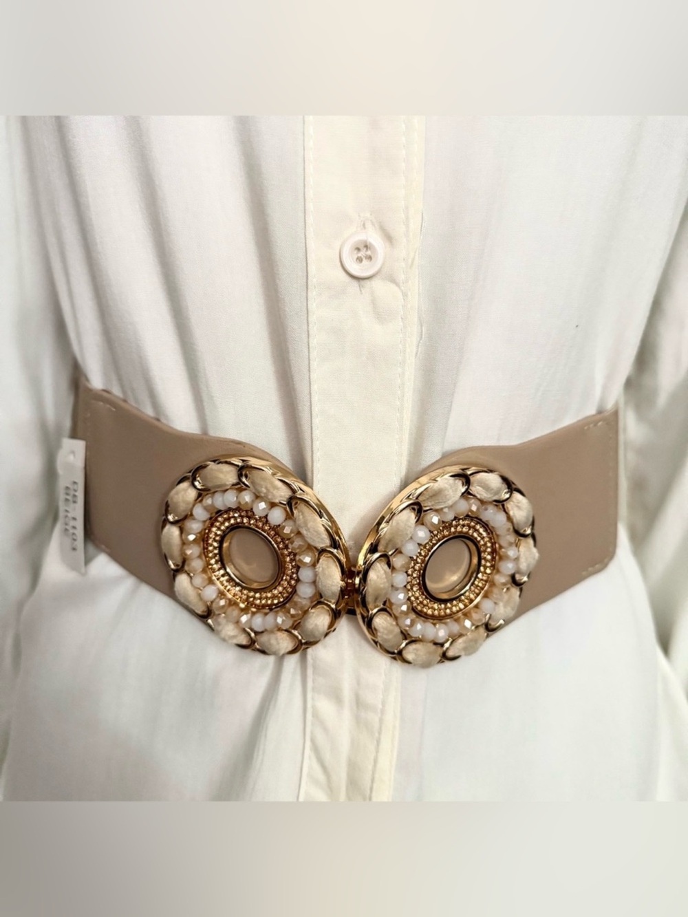 Beige PU leather elastic waistband belt